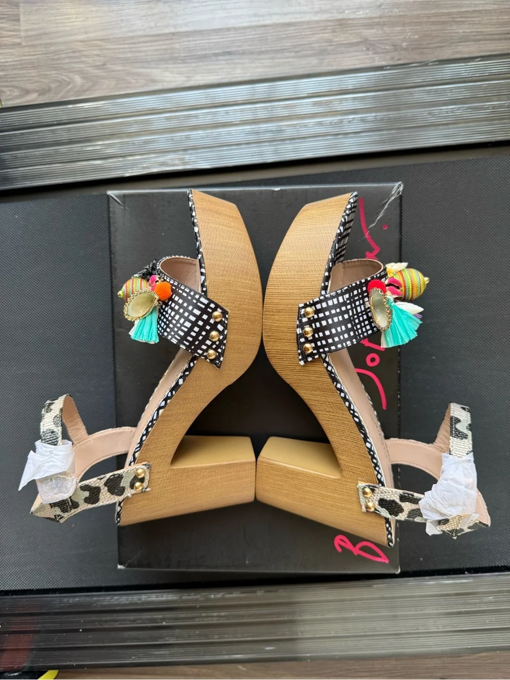 Betsey Johnson Jillie Black & White Platform Sandals With Multicolor Tassels